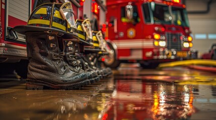 A line of firefighters' wet boots and helmets rests on a fire station floor, reflecting the red lights of a fire truck, symbolizing readiness, duty, and the aftermath of a call