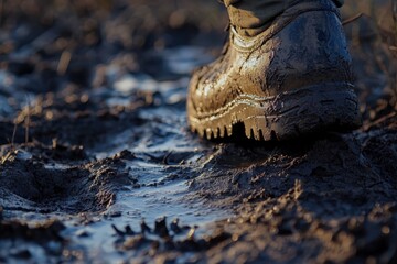 From a low angle, a ranger or soldier in camouflage pants and boots walks into a savanna sunset. The golden light and dusty terrain create a heroic and adventurous atmosphere of a mission at dusk