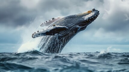 Fototapeta premium A magnificent humpback whale breaches completely out of the ocean, its immense body twisting in the air and creating a huge splash against a backdrop of a cloudy sky