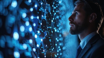A pensive investigator or businessman in a modern suit studies a complex, glowing blue network of data points, suggesting themes of technology, surveillance, and futuristic analysis