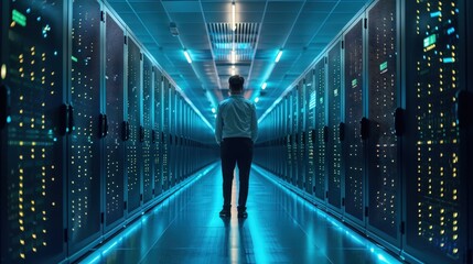A system administrator stands as a silhouette in a long, futuristic data center corridor, flanked by glowing blue server racks, representing the vastness of cloud computing and digital infrastructure