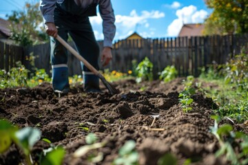 From a low angle, a man in work clothes and boots digs into the rich, dark soil of a garden with a small spade, preparing the earth for planting with hands-on effort