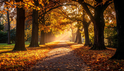 Fototapeta premium Autumn Sunlight Path Through Golden Trees