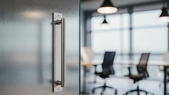 Office door with handle opening into a modern conference room