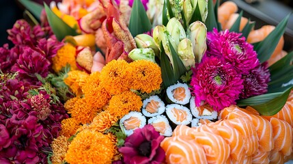Sushi and flower arrangement