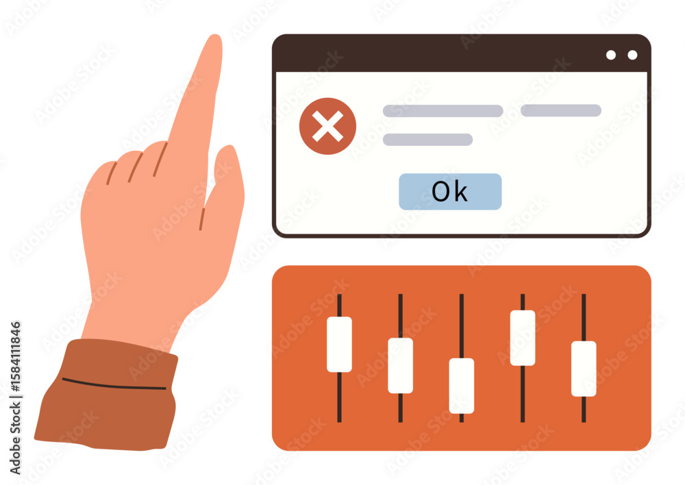 Poster hand pointing at error notification with ok button, next to control panel sliders for adjustments. i