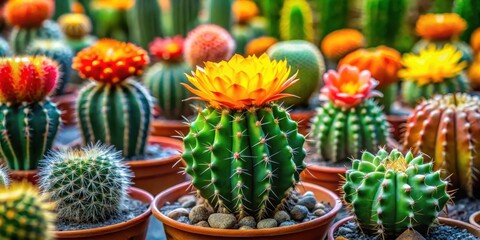 Vibrant Cactus Collection Showcases an Array of Blossoms in Earthy Tones, Displaying a Spectrum of Shapes and Textures, Representing the Beauty of Desert Flora
