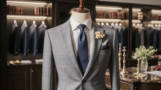 Elegant gray plaid suit with navy tie displayed on a mannequin