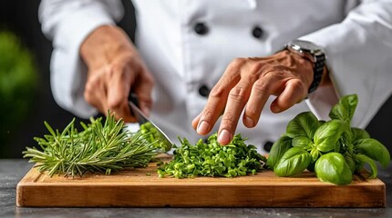 Professional chef finely chopping fresh aromatic herbs on a wooden cutting board for culinary preparation - Powered by Adobe