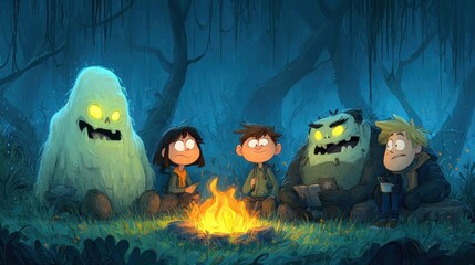 Children and a creature by a campfire