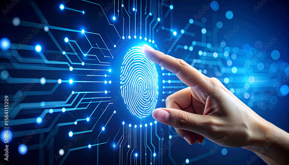 Poster digital fingerprint scan: a human finger interacts with a digital fingerprint scan, showcasing innov