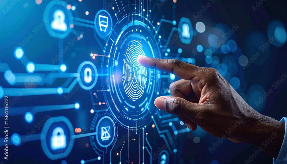 Poster digital fingerprint scan: a futuristic visual of a finger scanning a digital fingerprint, set agains