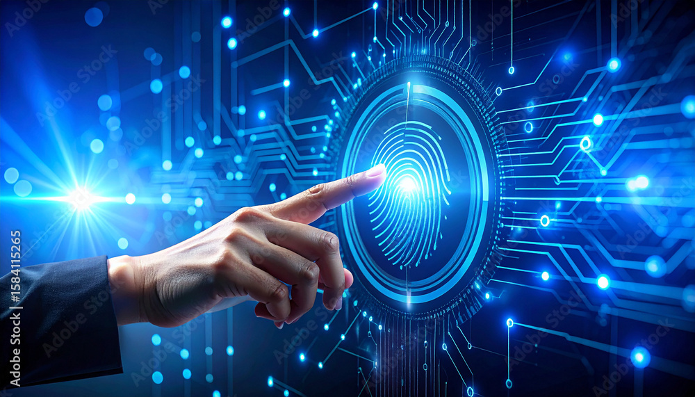 Poster digital fingerprint security: a futuristic composition showcases a hand interacting with a luminous 