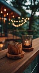 Wooden candle holders on a deck at dusk