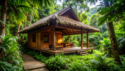 Wooden Bungalow in Lush Tropical Jungle Setting