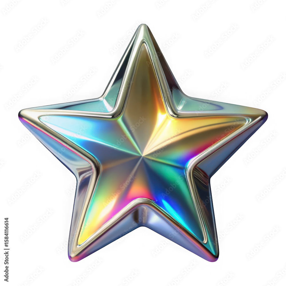 Fototapete 3d metallic star with rainbow reflection isolated background on transparent background