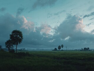 Sunrise over a rice paddy field