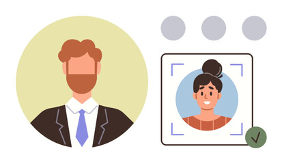 Male and female profiles in focus with minimal design. Circular placeholders, highlighted selection, and approval mark. Ideal for digital identity, user signup, verification, team roles, database