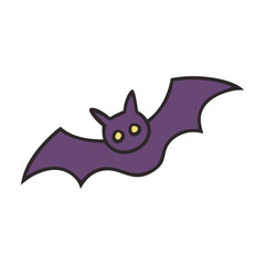 Obraz premium Cute cartoon purple bat with yellow eyes flying against a black background
