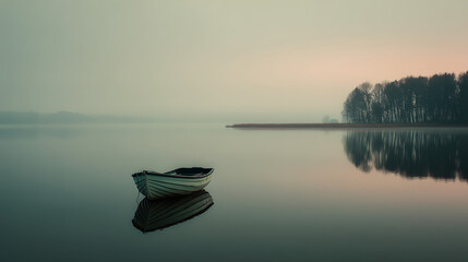 A lone rowboat gently floating on a perfectly still lake, surrounded by a subtle mist