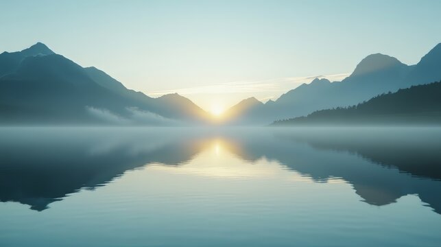 Reflections on the surface of a tranquil lake at sunrise - Powered by Adobe