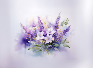 Fototapeta premium A watercolor painting of a lavender and white flower bouquet, set against a soft, muted purple background. The delicate blossoms and greenery are rendered with soft, blurred edges.