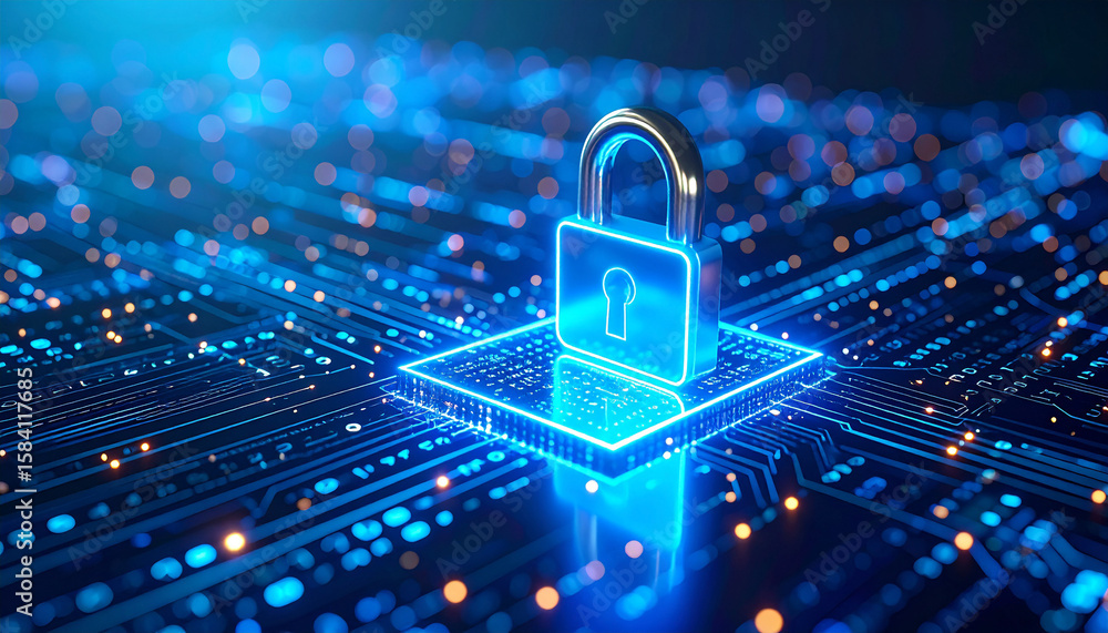Poster digital fortress: a glowing padlock rests upon a circuit board, symbolizing robust digital security 