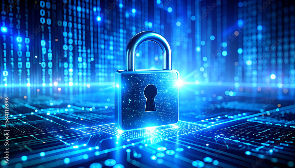 Poster digital fortress: the image highlights a digital lock, a metaphor for data protection and cyber secu