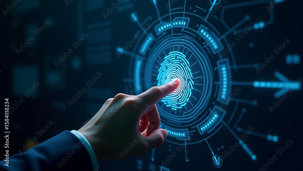 Poster digital fingerprint scan: a finger touches a holographic display, activating a fingerprint scan, hig