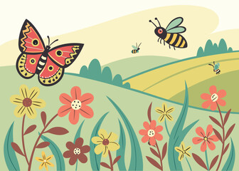 Obraz premium Charming illustration of a butterfly and bees flying over a colorful meadow with flowers