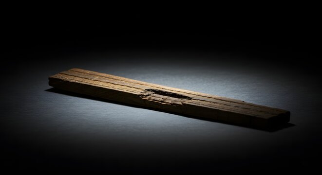 Vintage wooden cribbage board with metal pegs on a dark textured surface with dramatic spotlighting