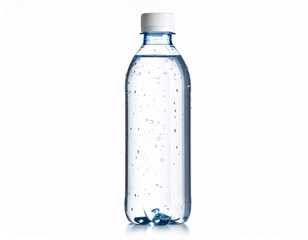 Botella de agua con gotas de condensaci&oacute;n sobre fondo blanco