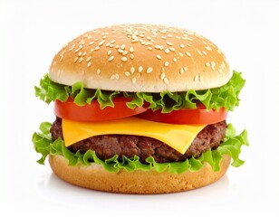 Hamburguesa clásica con queso, lechuga y tomate sobre fondo blanco