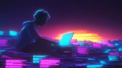Vibe coding aesthetic digital. A coder typing on a laptop in a neon aesthetic environment.
