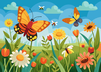 Obraz premium Vibrant spring meadow filled with colorful flowers and fluttering butterflies