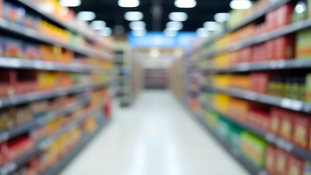 Blurred view of supermarket aisle with colorful shelves on both sides, fluorescent lights above, polished white floor, retail store interior, abstract grocery store background.