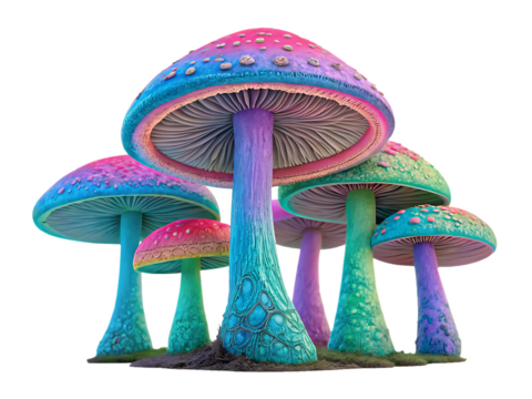 Vibrant psychedelic mushrooms with glowing caps and textured stems in a cluster isolated on a transparent background