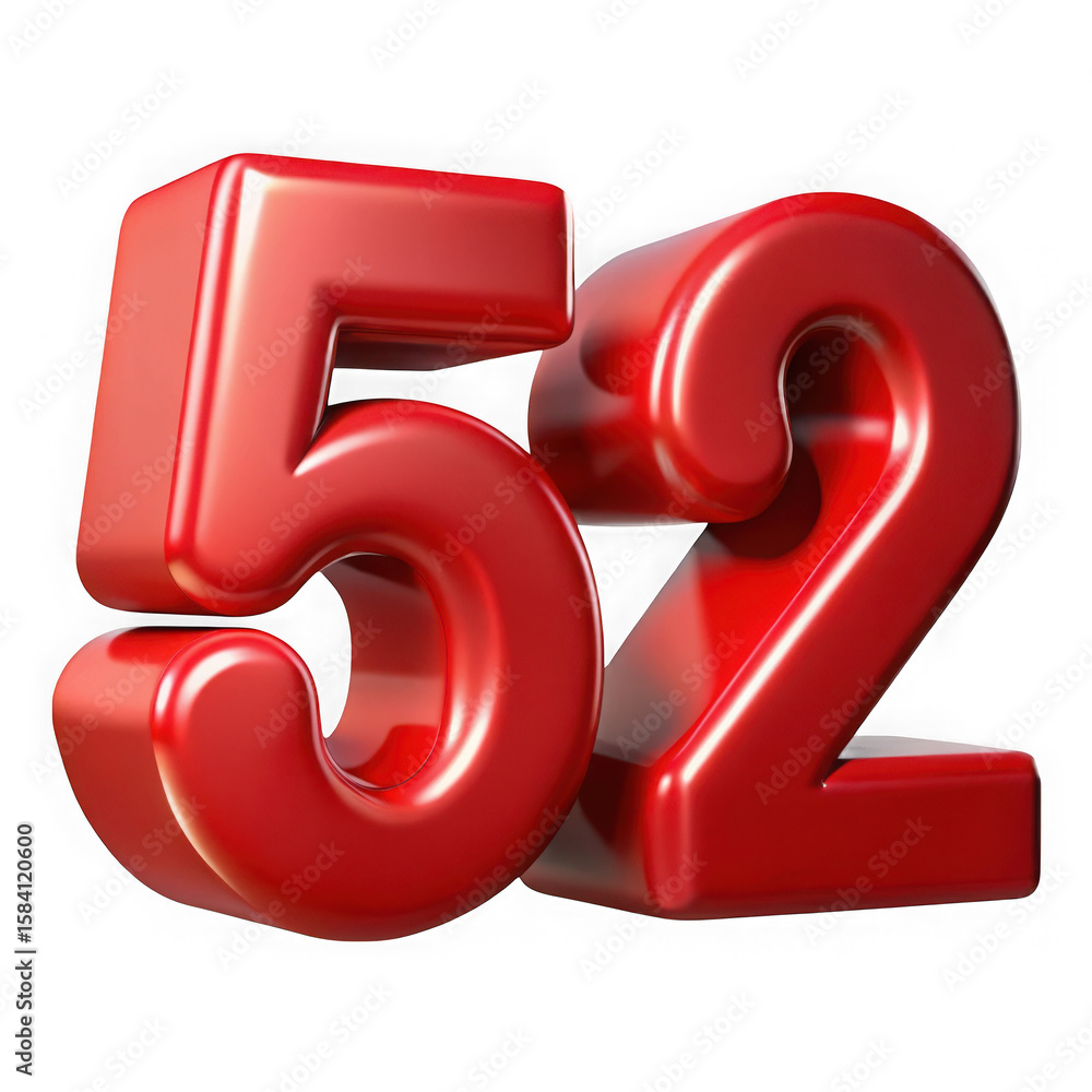 Aufkleber 3d render of number 52 in red isolated background on transparent background