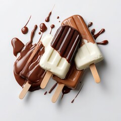 Obraz premium Three Chocolate-Dipped Popsicles with Melted Chocolate on White Background