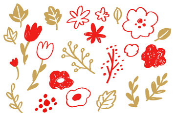 クレヨンで描いた赤とベージュの花と葉の手描き素材。ナチュラルでかわいい手書きの植物イラストコレクション