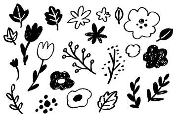 クレヨンで描いたモノクロの花と葉の手描き素材セット。シンプルで使いやすい白黒の植物イラストコレクション。