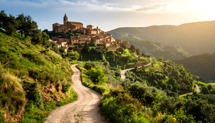 Fototapeta premium Picturesque Hilltop Village at Sunset