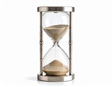 Reloj de arena con arena cayendo, fondo blanco