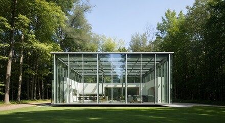 Modern glass pavilion nestled within a verdant forest, showcasing minimalist architecture and natural light.
