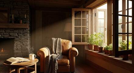 The morning sun shone through the open antique wooden windows, dust particles floating in the air, a cozy rustic interior.