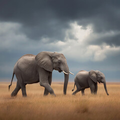 Fototapeta premium Mother elephant leading calf across open plains under cloudy sky
