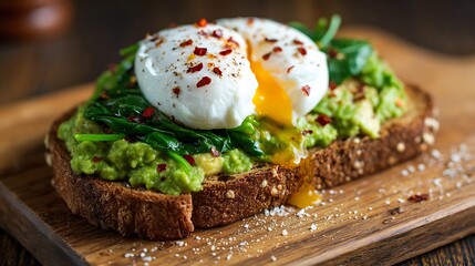 Avocado Toast with Poached Egg on Wooden Board Close Up