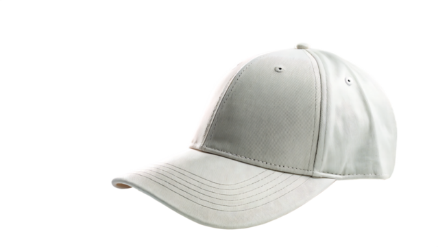 Light grey baseball cap with curved brim and stitched details isolated on a transparent background headwear