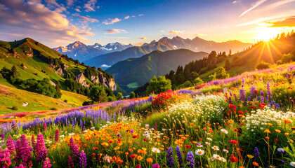 Vibrant Wildflower Meadow at Sunset in Mountain Valley