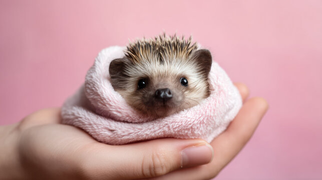 tiny hedgehog wrapped snugly in a soft pink towel, resting comfortably in a person's hand against a pastel pink background.